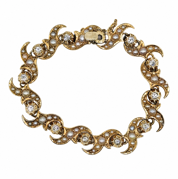 Closeup photo of 14K YG Victorian Revival 1.00tcw Diamond & Seed Pearl Bracelet 26.9g, 7"