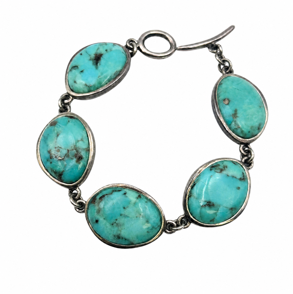 Closeup photo of 925 Sterling Native 5 TurquoiseOval Link Bracelet 43.8g 7.50"