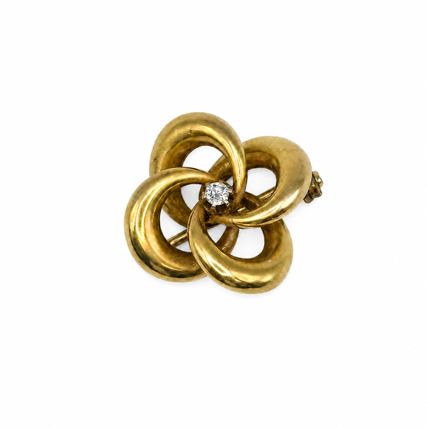 Closeup photo of 16K YG Victorian .05ct Old Mine Cushion Diamond Knot Brooch 3.0g