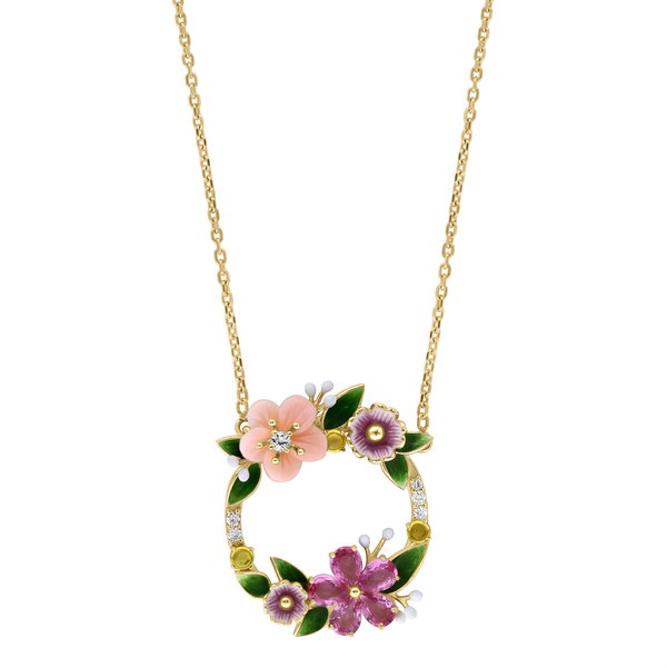 Closeup photo of 14K YELLOW GOLD DIAMOND, MULTICOLOR SAPPHIRE, AND PINK MOTHER OF PEARL FLOWER ENAMEL NECKLACE