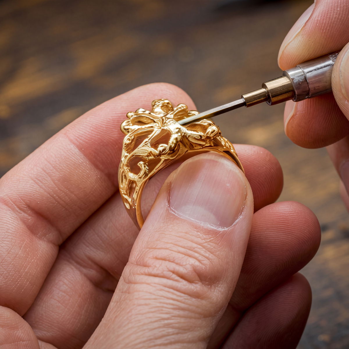 Jeweler adjusting an ornate gold ring held between fingers with a precision tool