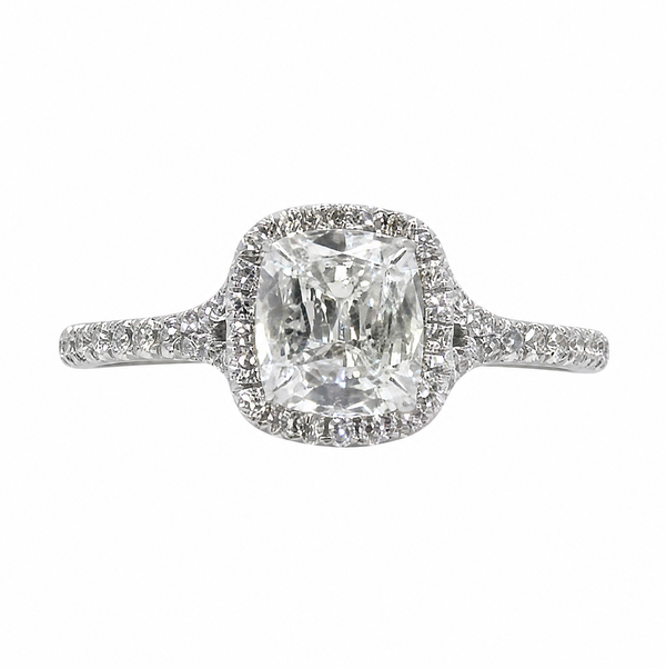 Closeup photo of 14K WG Henry Daussi .80ct Antique Cushion & .28tcw RBC Diamond Ring 2.9g, s6.25