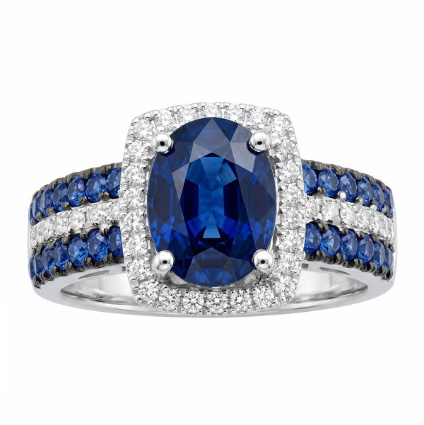 Closeup photo of 14K WHITE GOLD DIAMOND AND SAPPHIRE RING