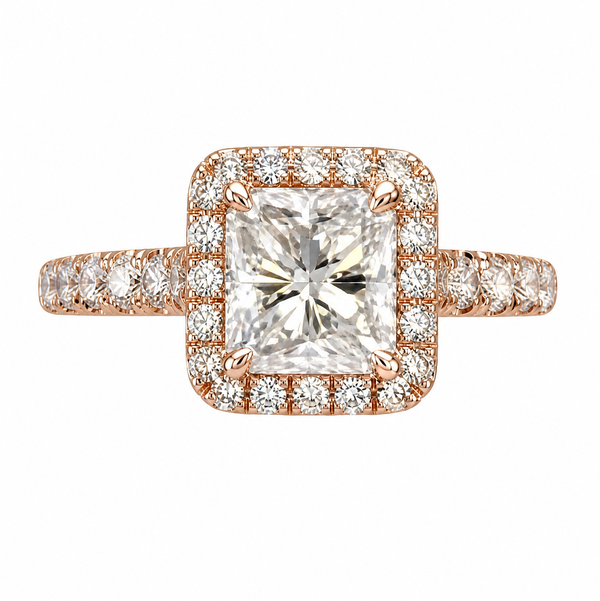 Closeup photo of 18K RG 1.54ct Radiant E-SI2 GIA & .82tcw RBC Diamond Ring 4.8g, s6.75