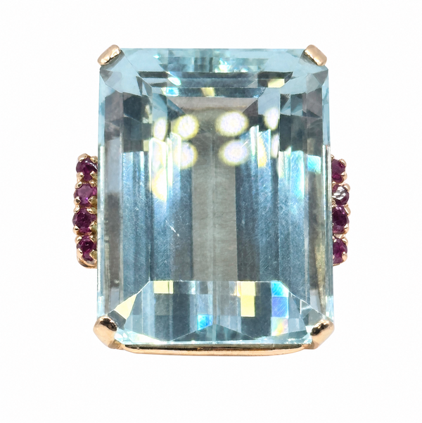 Closeup photo of 14K YG Retro 64ct Emerald Cut Green Blue Aquamarine & Ruby Ring 25.9g, s5 Openable Shank