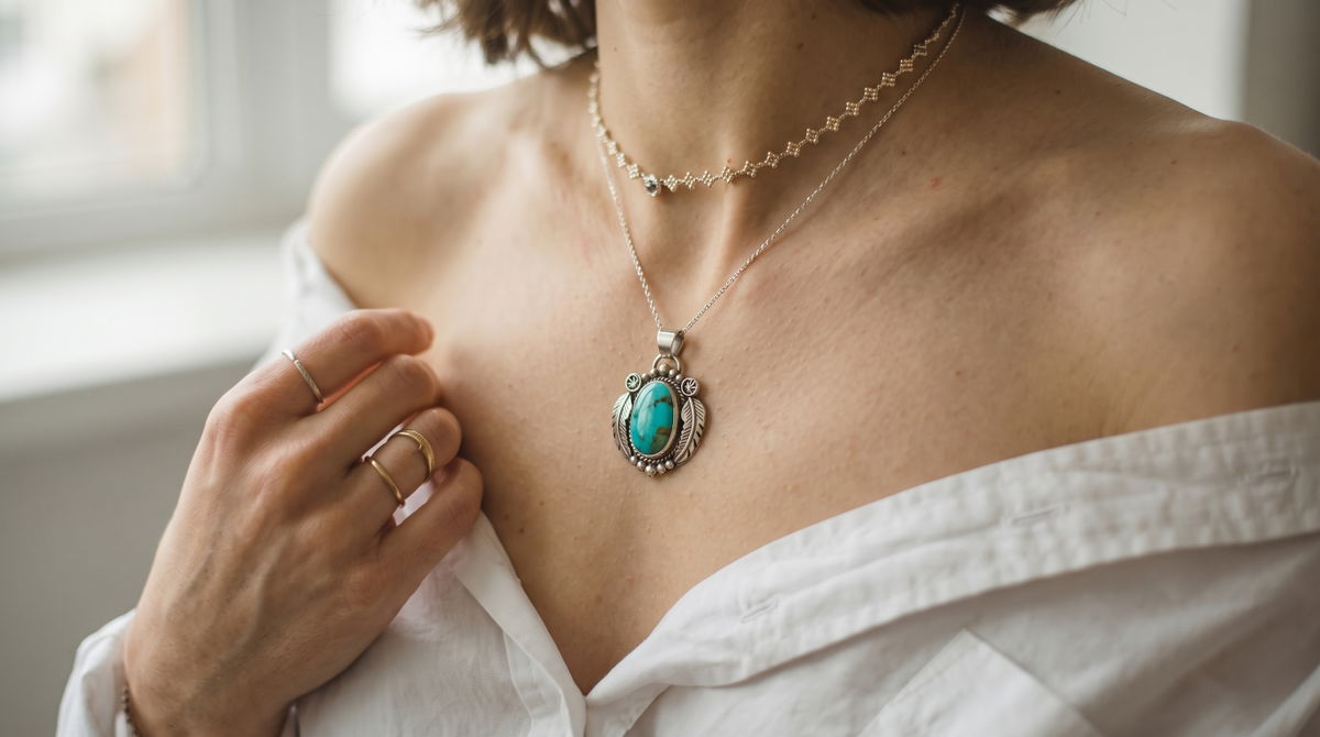 Hand-crafted silver and turquoise Native American jewelry displayed on natural stone