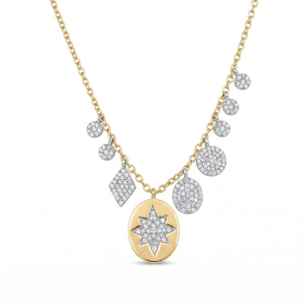 Closeup photo of 14K Yellow and White Gold Diamond .22ct Disc Star with 8 Drops Adj Necklace
