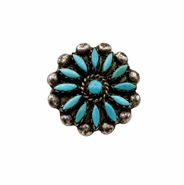 Closeup photo of 925 Sterling Native Zuni Turquoise Petit Point Flower Ring 3.1g s6