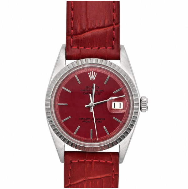 Closeup photo of Rolex Stainless Steel 1603 36mm Red Dial on Red Strap 1357011, c1966