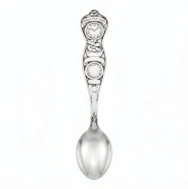 Closeup photo of 925 Sterling Tiffany & Co. Baby Spoon Clock Motif 56.9g 5.75"