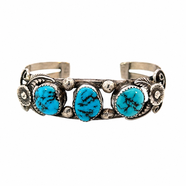 Closeup photo of 925 Sterling Native 3 Turquoise Cuff Bracelet 32.4g