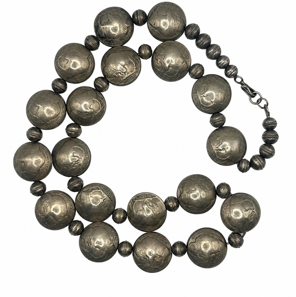 Closeup photo of Silver Native Navajo 19 Station Buffalo Nickel Bead Necklace 194.0g, 14"