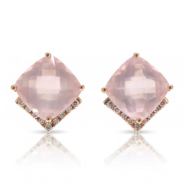 Closeup photo of 14K ROSE GOLD DIAOND AND ROSE QUARTZ EARRING