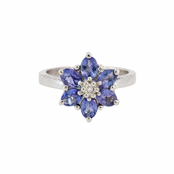 Closeup photo of 14K WG .90tcw Oval Tanzanite & .03tcw Diamond Flower Ring 3.4g, s4.25