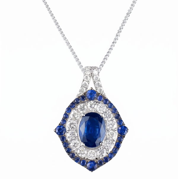 Closeup photo of 14K WHITE GOLD DIAMOND AND SAPPHIRE PENDANT WITH CHAIN