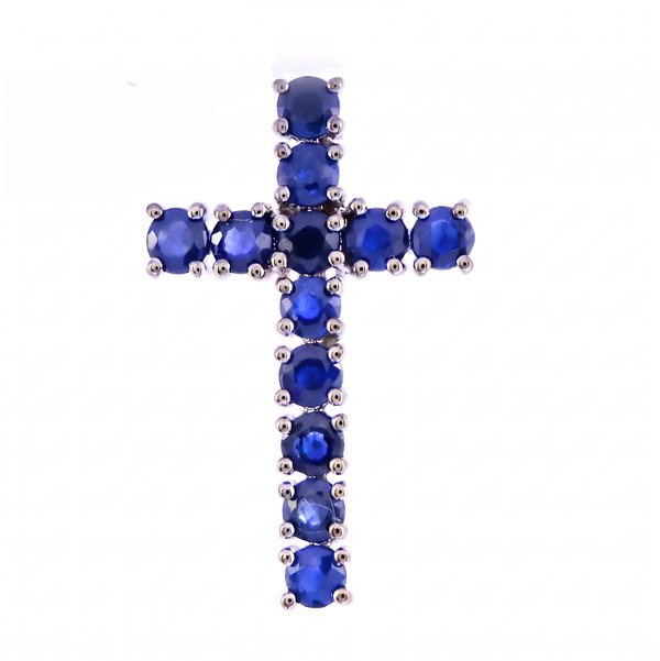 Closeup photo of 14K WHITE GOLD SAPPHIRE CROSS PENDANT WITH CHAIN