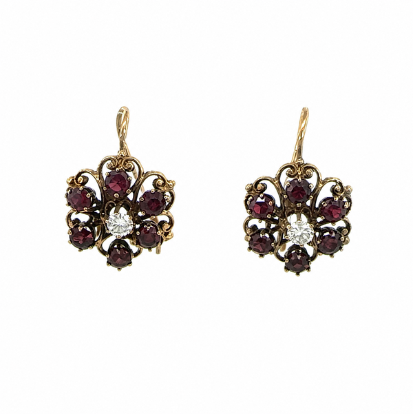 Closeup photo of 14K YG Victorian 2.00tcw Garnet Cluster Drop Earrings 5.4g
