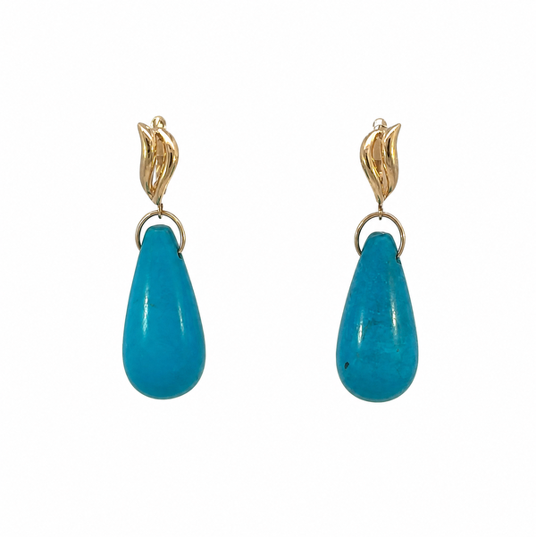 Closeup photo of 14K YG 25tcw Teardrop Turquoise Drop Earrings 10.5g, 1.65"