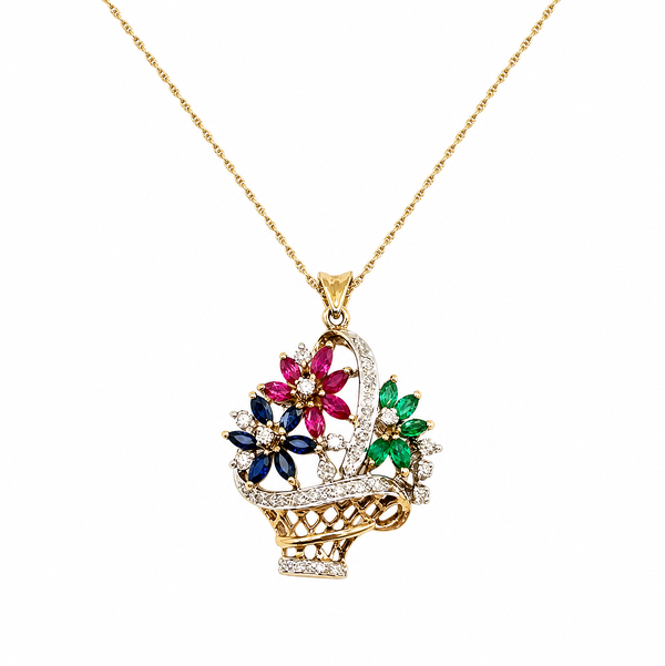 Closeup photo of 14K YG Tutti Fruiti .15tcw Diamond, Emerald, Ruby, & Sapphire Pendant Necklace 4.3g, 18"