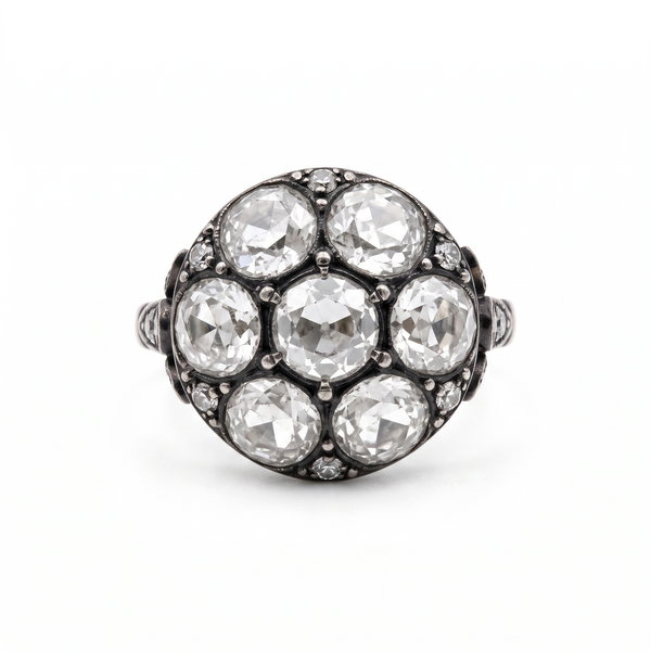 Closeup photo of 18KY Oxidized Silver Rose Cut Diamond Ring