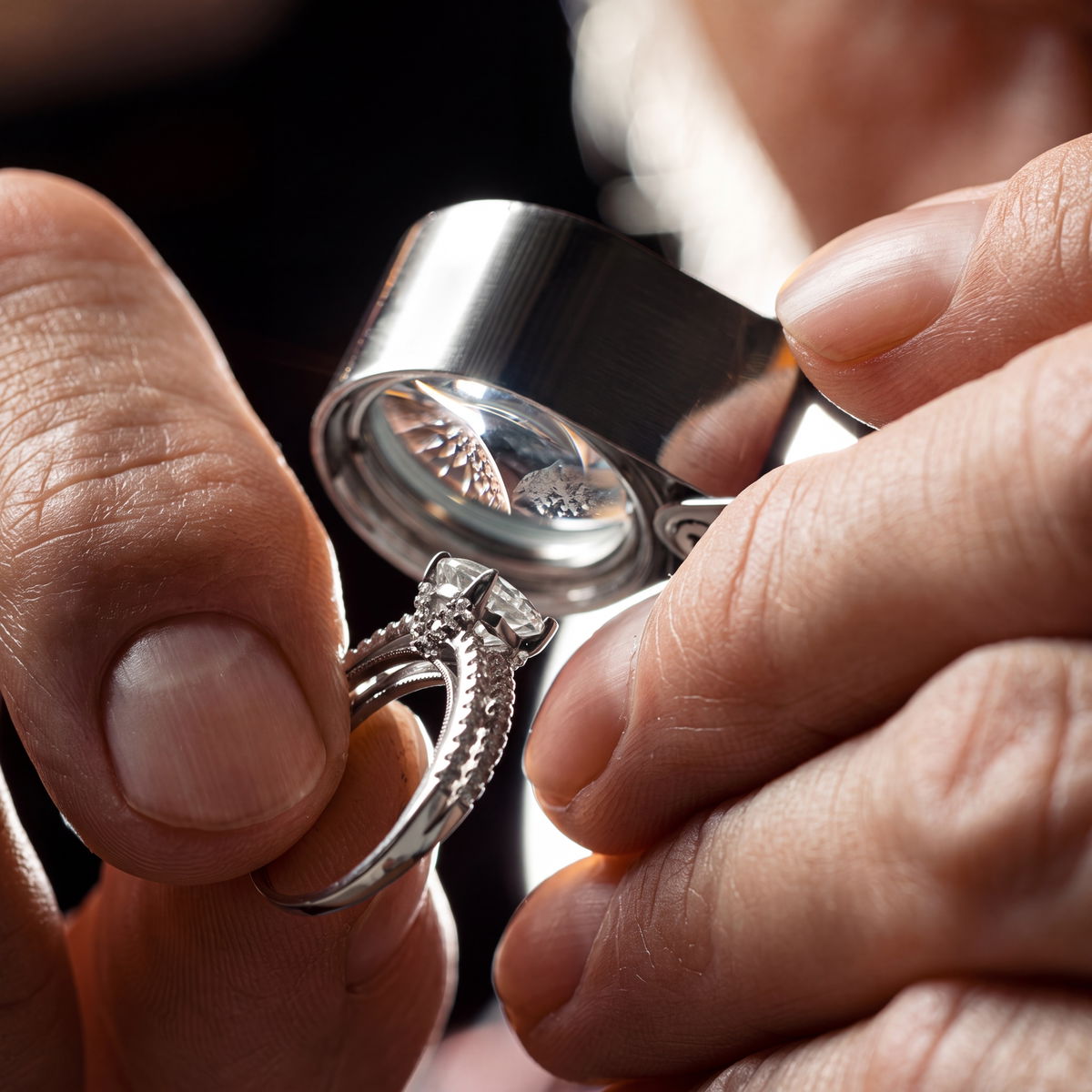 Jeweler inspecting a diamond ring through a loupe during a free jewelry inspection