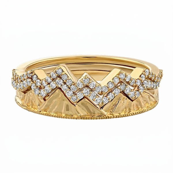 Closeup photo of 14K Yellow Gold Ring 3 Pieces Mountain Center with 2 Fitted Pave Diamond 0.26 Ctw