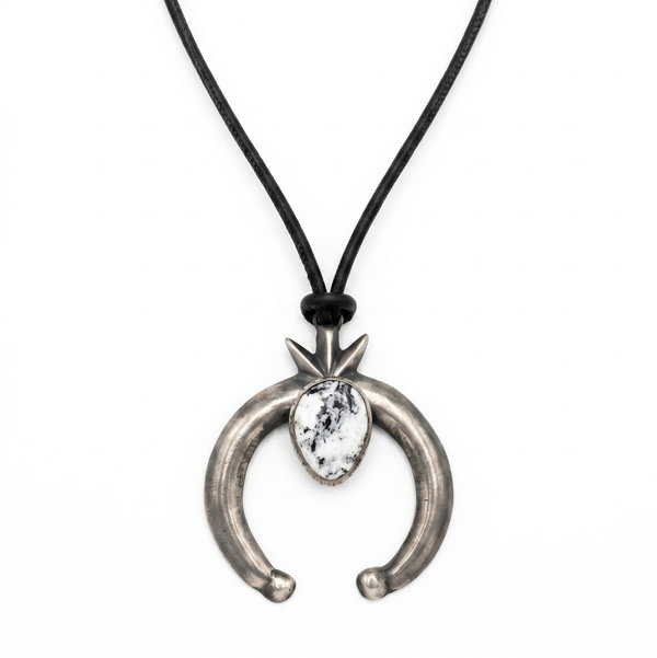 Closeup photo of Sterling Silver White Buffalo Necklace with Adjustable Leather Cord