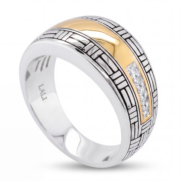 Closeup photo of 18K YELLOW GOLD AND STERLING SILVER DIAMOND MEN'S RING