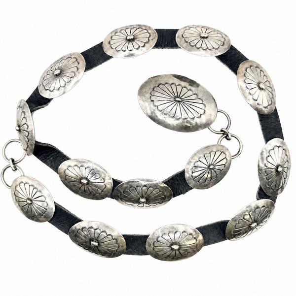 Closeup photo of 925 Sterling Native Zuni 14 Station Concho Belt 219.7g, 42"