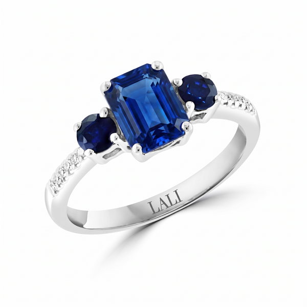 Closeup photo of 14K WHITE GOLD DIAMOND AND SAPPHIRE RING