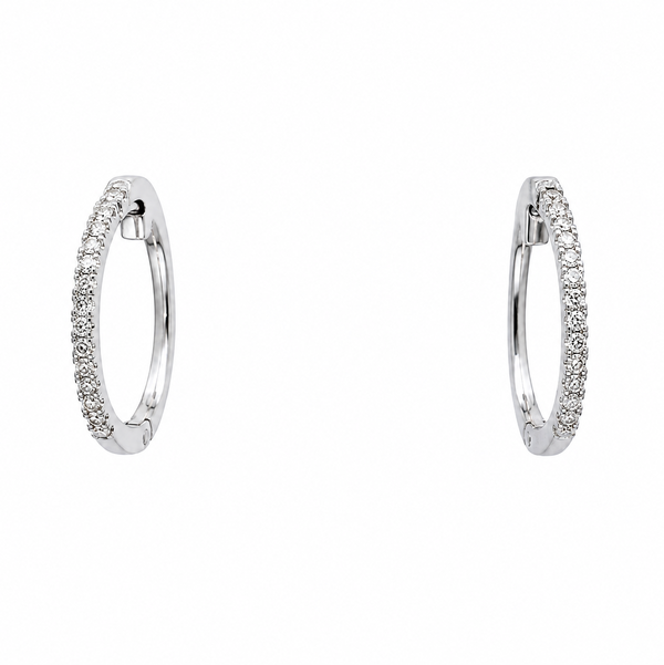 Closeup photo of 18K WG .12tcw RBC Diamond Huggie Hoop Earrings 2.1g, .62"