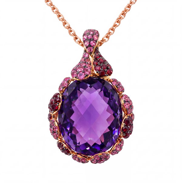 Closeup photo of 14K ROSE GOLD PINK SAPPHIRE, RUBY GSI# 31677320101, AND AMETHYST PENDANT WITH CHAIN