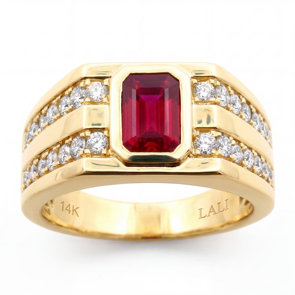 Closeup photo of 14K YELLOW GOLD DIAMOND AND RUBY MEN'S RING