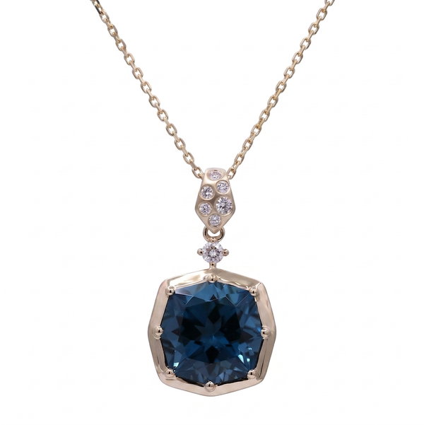 Closeup photo of 14k Yellow Gold 5.99ct London Blue Topaz with .15ct Diamond Necklace