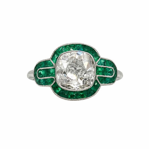 Closeup photo of Platinum 2.20ct Old Mine Cushion Diamond & 1.55tcw Emerald Filigree Ring 5.7g, s6.5