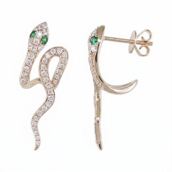 Closeup photo of 14K YELLOW GOLD DIAMOND AND TSAVORITE SNAKE EARRING