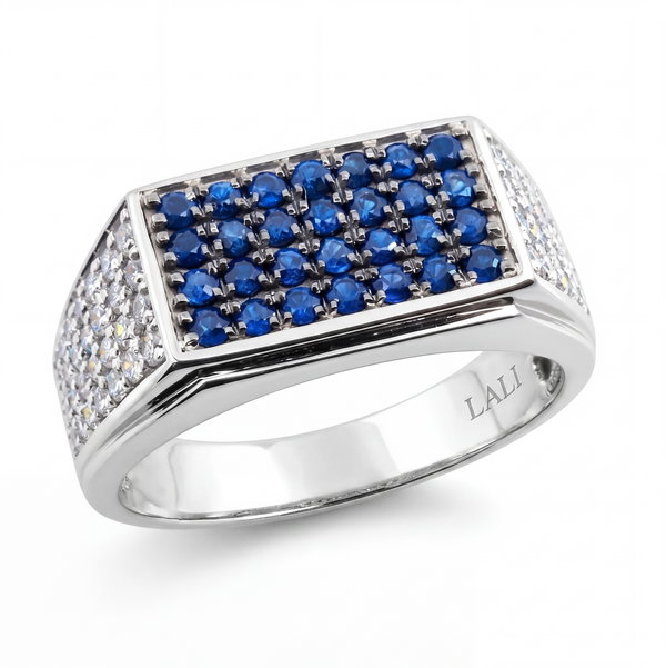 Closeup photo of 14K WHITE GOLD DIAMOND AND SAPPHIRE MEN'S RING