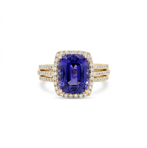 Closeup photo of 14k Yellow Gold 5.02ct Tanzanite with .47ct Diamond Ring