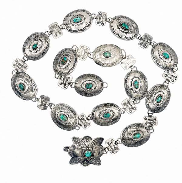Closeup photo of 925 Sterling Native Navajo 14 Station Concho Belt 82.0g, 31.5"