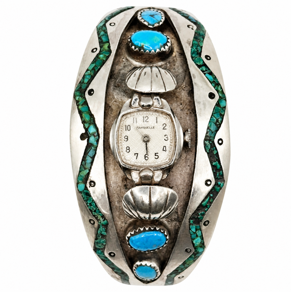 Closeup photo of 925 Sterling Native Zuni Tuquoise Inlay Fish Tail Watch Cuff Bracelet 71.3g