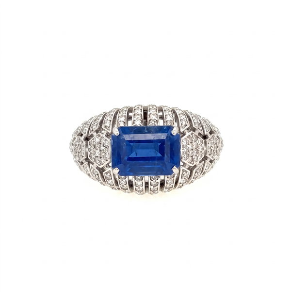 Closeup photo of 18K WG 3.54ct Emerald Cut Sapphire & .68tcw Diamond East West Ring 6.4g, s6