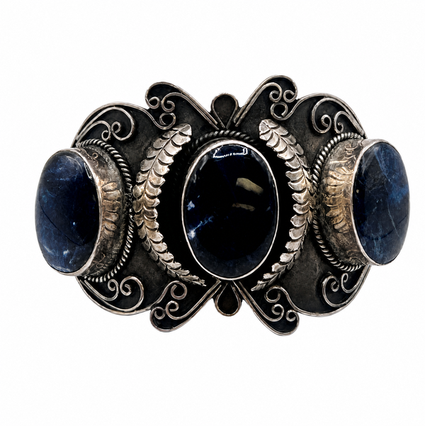 Closeup photo of 925 Sterling Native 3 Dark Blue Stone Cuff Bracelet 93.6g
