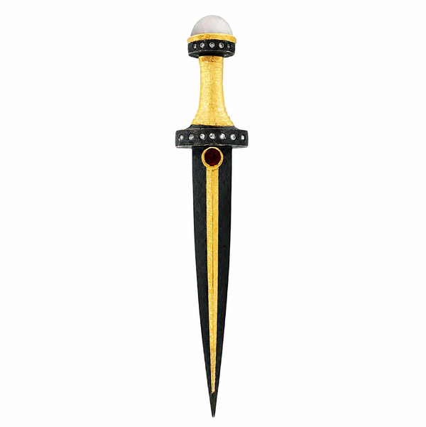 Closeup photo of Ruby & Moonstone Dagger Pin