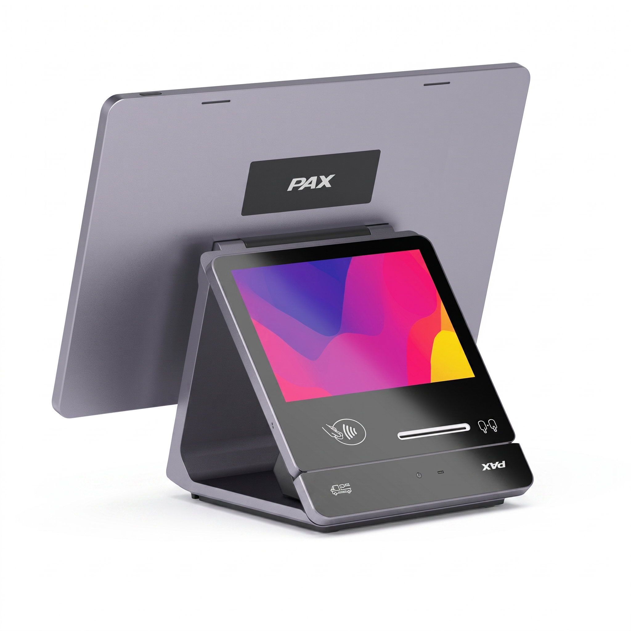 PAX dual-screen POS terminal with colorful customer-facing touchscreen, NFC contactless reader, card slot, and large merchant display