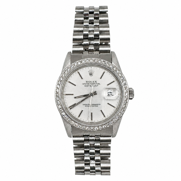 Closeup photo of Rolex SS 16030 36mm AM Diamond Bezel Jubilee Bracelet Watch 8377706, c1984