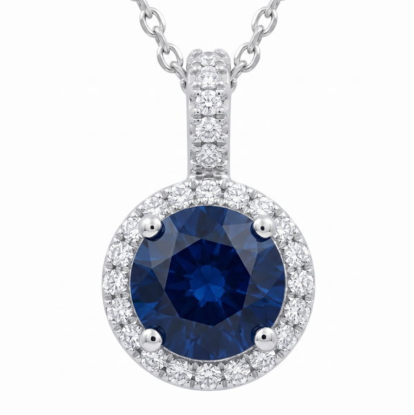 Closeup photo of 14K WHITE GOLD DIAMOND AND SAPPHIRE PENDANT WITH CHAIN