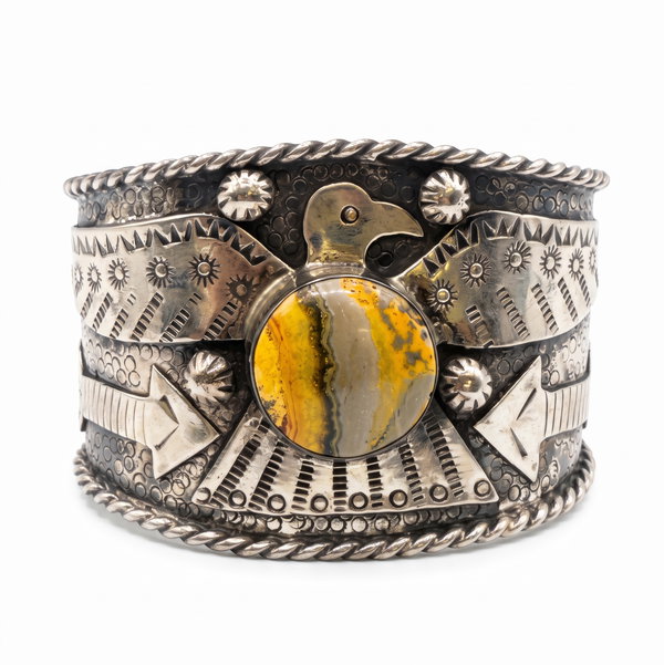 Closeup photo of 925 Sterling Native Jasper Thunderbird Arrow Cuff Bracelet 77.5g