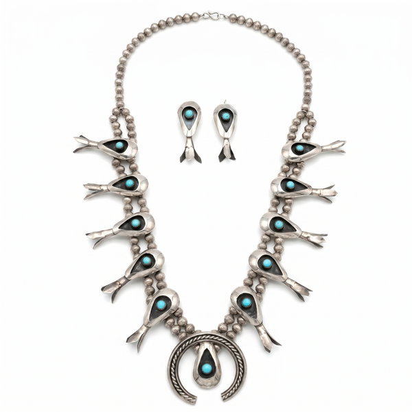 Closeup photo of Sterling Silver Navajo Indian Squashblossom and Earring Set with Turquoise