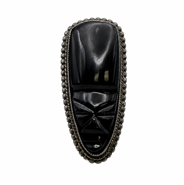 Closeup photo of 925 Sterling Native Black Onyx Carved Face 14.5g s7