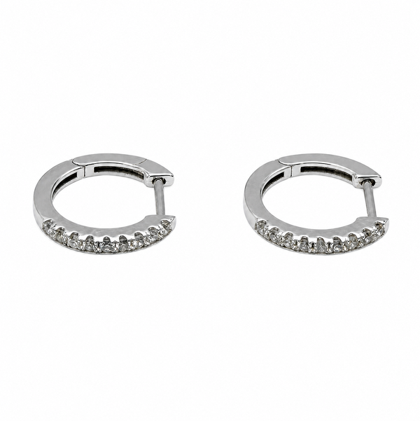 Closeup photo of 18K WG .18tcw RBC Diamond Huggie Hoop Earrings 2.4g, .59"